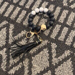 Black & White Beaded Tassel Wristlet Keychain Bracelet